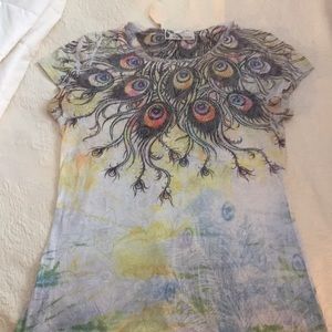 Cute Lightweight Imaginary Voyage Peacock Feather Design Shirt Size Medium